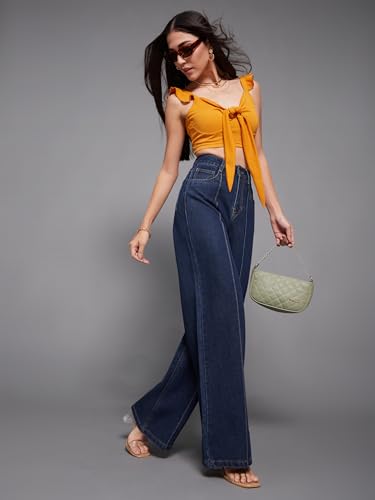 Miss Chase Women's Wide-Leg High-Rise Regular-Length Non-Stretchable Denim Jeans (MCSS18DEN02-19-963-30, Carbon Blue, 30)