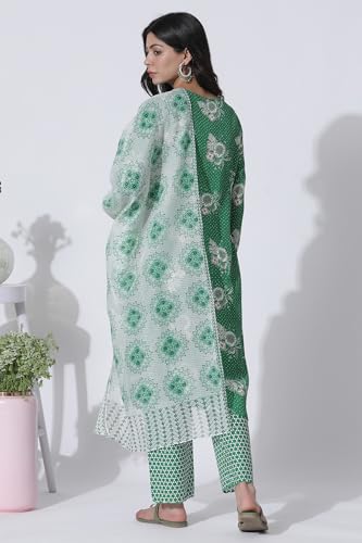 W for Woman Green Floral Printed Straight Kurta, Pants with Dupatta Set_24ONWS10616-123032_3XL