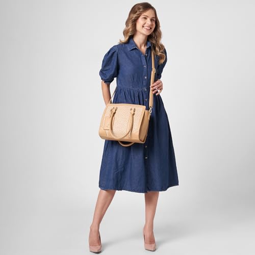 Caprese Wind Large Satchel Handbag for Women | Woven Texture Faux Leather | Stylish Shoulder Bag with Adjustable & Detachable Strap | Spacious Office & Casual Purse with Zipper Closure (Mocha Mousse)