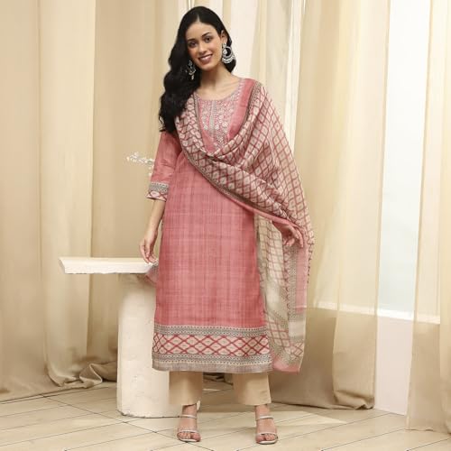 BIBA Women Peach Cotton Machine Embroidered Unstitched Suit Set_FREE SIZE