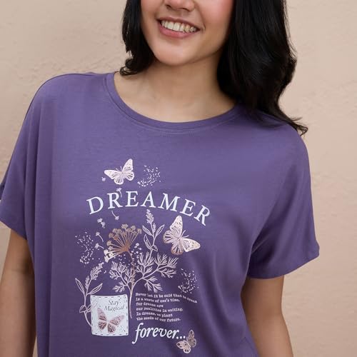 NYKD Buttery Soft Modal Cotton Graphic Tee for Women with Extended Sleeves – Comfortable Relaxed Fit, Stylish Design, Model NYS948 Purple