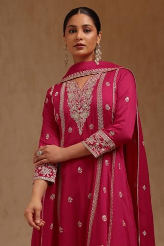 Soch Womens Fuchsia Vichitra Embroidered Suit Set With Zari
