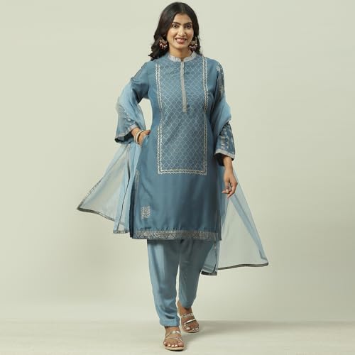 BIBA WOMEN PRINTED SALWAR KURTA DUPATTA(SKD7751E_SKY BLUE_34)