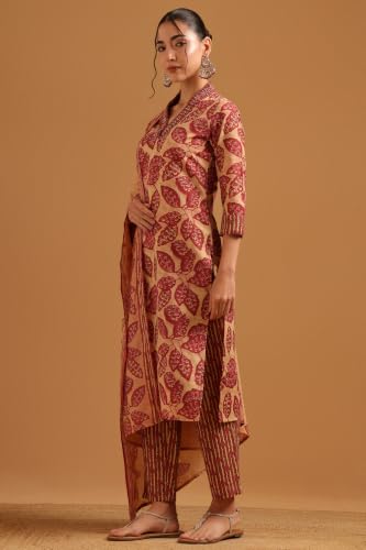 Soch Womens Peach Cotton Digital Print Botanical Block Print Salwar Suit