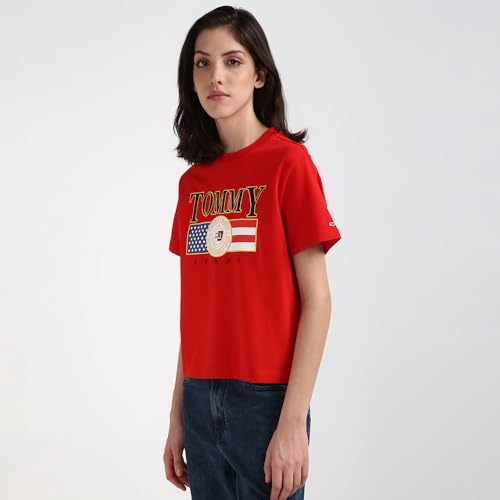 Tommy Hilfiger Women Red Printed Cotton Short Sleeve T-Shirt