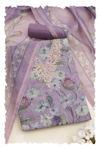 Soch Womens Lavender Chanderi Foil Print Unstitched Dress Material With Zari