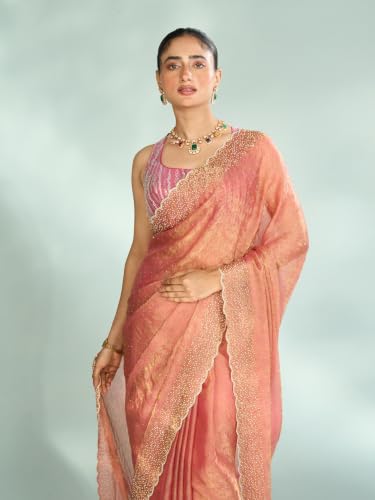 MOHEY Women's Organza Cutdana Work, Stone Work & Woven Saree with Blouse Piece (Pink)