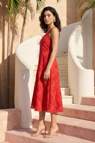 W for Woman Red Thread Embroidered Pure Cotton A-line Dress - (W13745-401411-L)