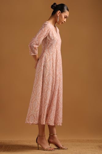Soch Womens Peach Georgette Ethnic Motifs Dress with Thread Work