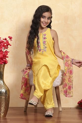 BIBA Girl's Yellow Polyester Straight Solid Suit Set