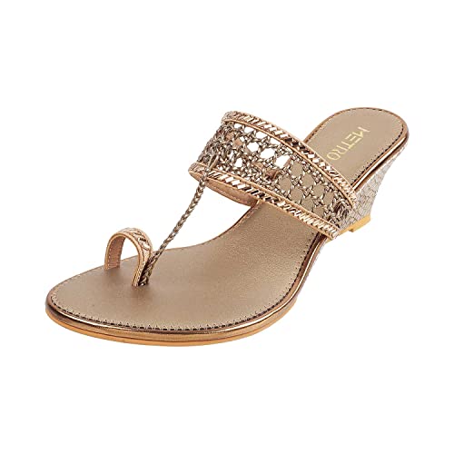 Metro Women's Gold Ethnic Faux Leather Slip On Fashion Heel Sandals UK/4 EU/37 (35-4770)