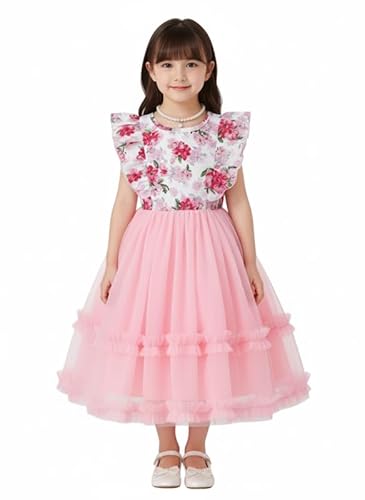 KIYOL Girls Floral Print Layered Party Dress with Ruffle Sleeves and Round Neckline | Elegant Net Fabric Flared Gown for Festive and Special Occasions (Ocean-Pink-2-3 Y)