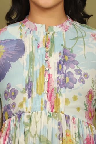 W for Woman White Floral Printed Tiered Chiffon Dress with Lace Detail (Size: M)-W12410-125443