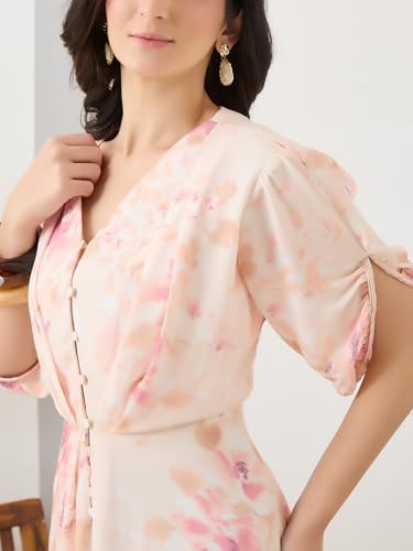 Latin Quarters Women Peach Printed Half Sleeves Casual Dress_XL