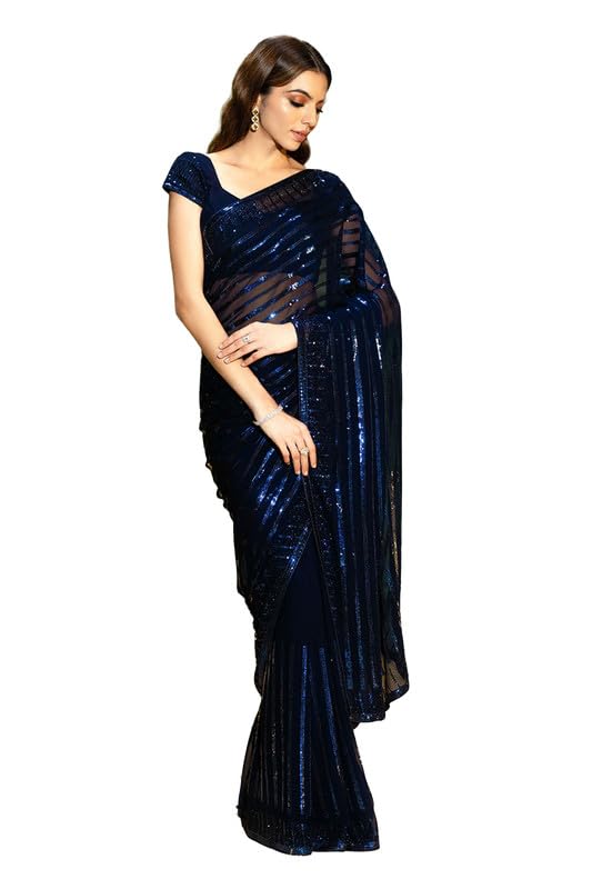 Soch Womens Navy Blue Georgette Saree With Sequins Work