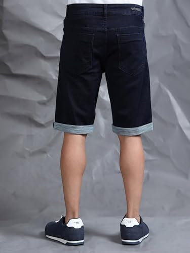 BEEVEE Men’s Cotton Navy Text Printed Casual Shorts | 100% Yarn Dyed Structured Fabric, Mid Rise, Knee Length with Button Closure