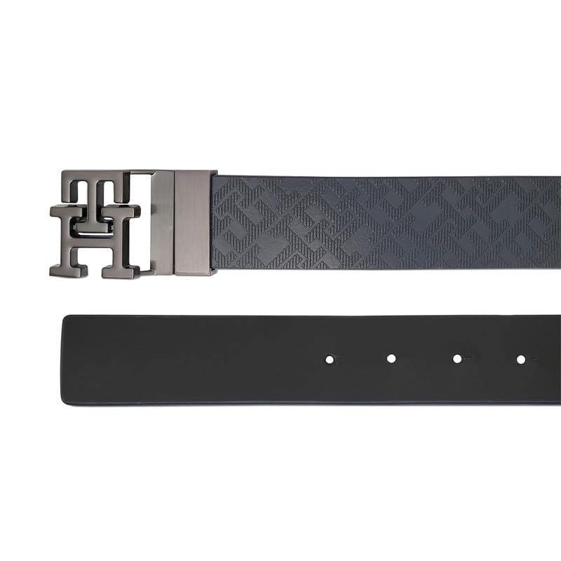 Tommy Hilfiger Men's Farley Reversible Leather Belt - Navy + Black - Brushed Gunmetal Monogram Buckle | S 80cm | Ideal for Gifting