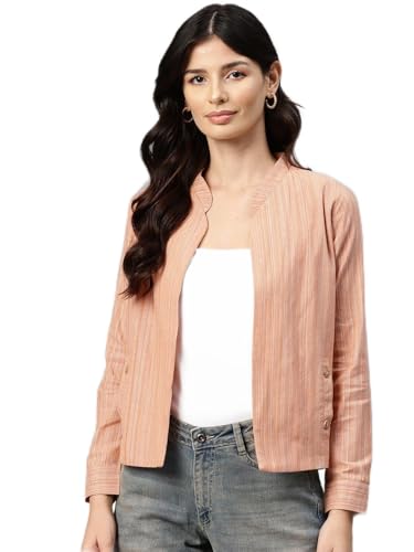 Cottinfab Women Peach-Coloured Striped Lightweight Open Front Casual Blazer