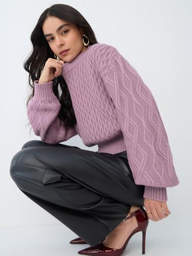 The Souled Store Cable-Knit Sweater: Dusky Rose Women and Girls Full Sleeves Round Neck Knitted Acrylic Lightweight Casual Oversized Sweater