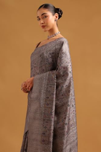 Soch Womens Grey Tussar Kantha Embroidered Warli Saree