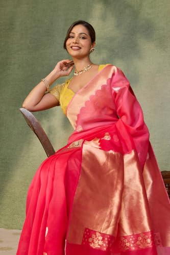 Taneira Pink Pure Silk Organza Kadwa Banarasi SareeWith Unstitched Blouse(SAIH01AD6178-Pink)