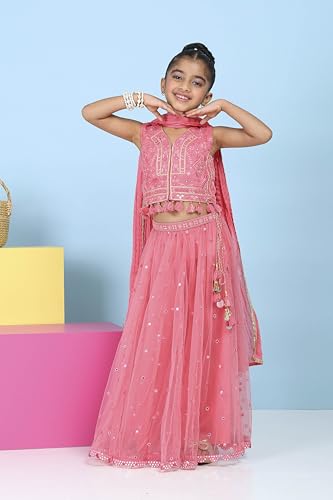 Biba Girls Pink Cotton Satin Solid Regular Lehenga Set_12-13Y