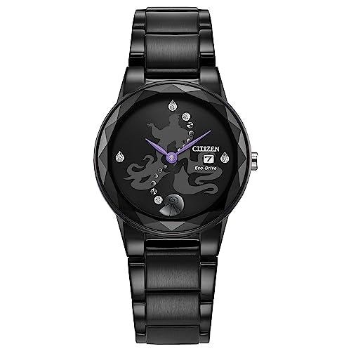 Citizen Stainless Steel Women's Eco-Drive Disney Villian Ursula Crystal Analog Watch And Pin Gift Set In Black Ion Plated Analog Watch, Black Dial (Model: Ga1075-68W), Black, 5 1/2 Inches, Modern