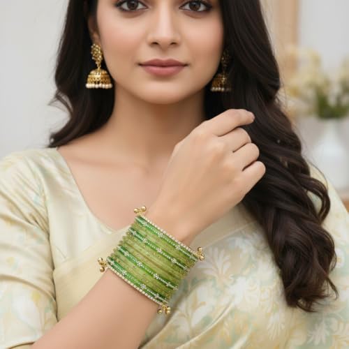 KAYASHA Kashmiri Glass Bangles Set for Women with Ghungroo Bangles | Traditional Ethni Bangles Set for Wedding, Party, Festival & Daily Use set of- 24(20 glass+4 stone ghunghroo bangles)