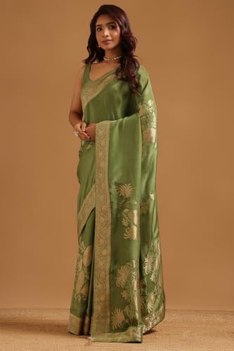 Soch Womens Olive Silk Blend Botanical Zari Woven Saree