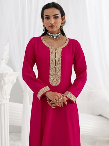Libas Embroidered Silk Blend A-Line Ethnic Dress with Dupatta-93608L Pink