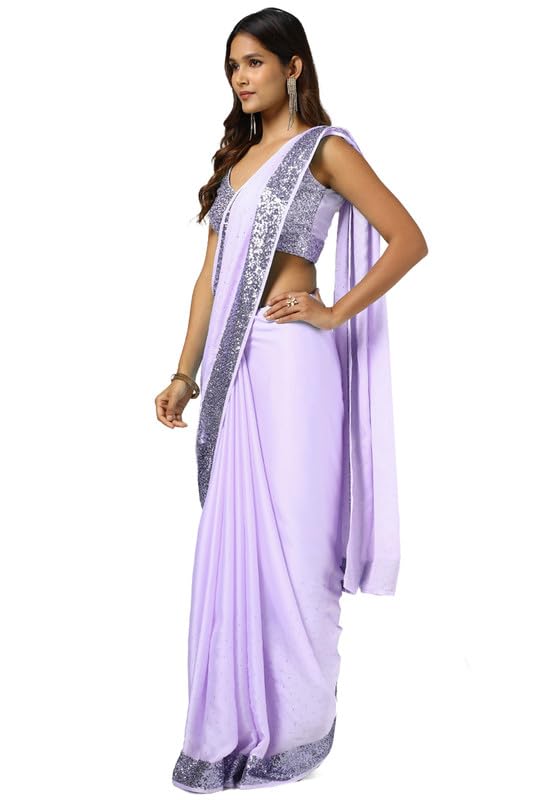 Soch Womens Lavender Satin Saree With Stones And Sequins