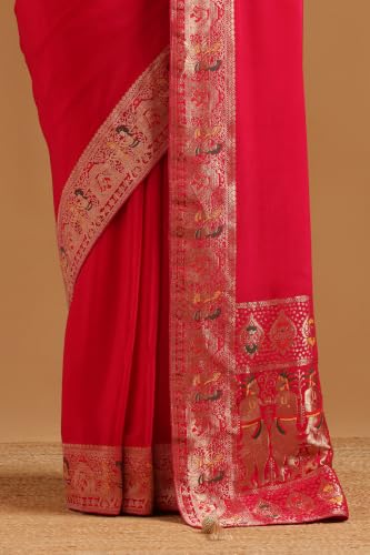 Soch Womens Fuchsia Satin Ethnic Motifs Zari Woven Saree