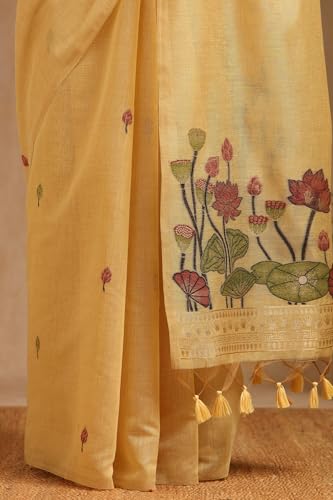 Soch Womens Yellow Chanderi Floral Print Saree With Zari Woven