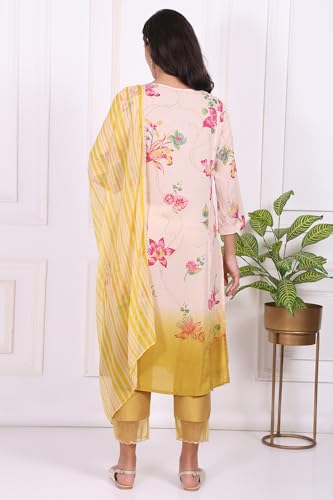 W for Woman Off-White Floral Printed Beaded Modal Straight Kurta, Pants and Dupatta Set - (WS13669-126956-L)