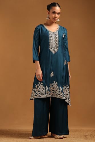 Soch Womens Teal Blue Roman Silk Floral Suit Set With Hand Embroidery and Bead Details