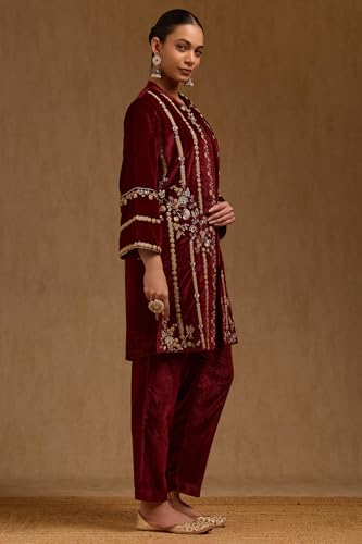 Soch Womens Maroon Velvet Solid Co-Ord Set With Zari