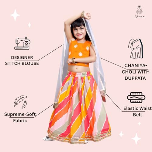 Xavima Girl's Lehenga Choli - Gota Detailing, Soft Fabric And Comfortable, Readymade Chaniya Choli For Kids|ORANGE|5-6