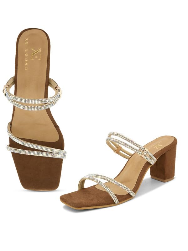 XE Looks Tan Fashion Sandals | Faux Leather Trendy and Stylish Block Heel | For Wedding Occasion 3 Inches Heel | For Women & Girls