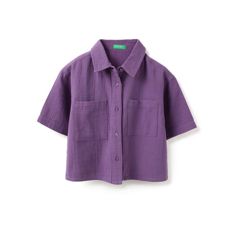 United Colors of Benetton Regular Fit Spread Collar Solid Crinkled Crop Double Pocket Shirt