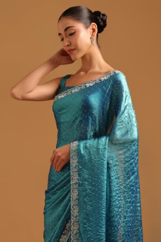 Soch Womens Turquoise Blue Fendy Organza Solid Embellished Swarovski Stone Detail Saree