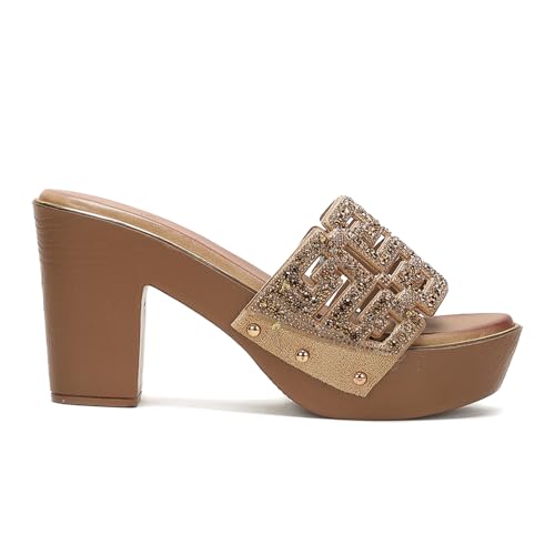 Marc Loire Women’s Block Heels Slip-On Open Back Embellished Fashion Sandals (Copper, UK Footwear Size System, Adult, Women, Numeric, Medium, 4)