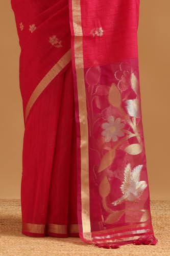 Soch Womens Fuchsia Organza Zari Woven Botanical Tassels Saree