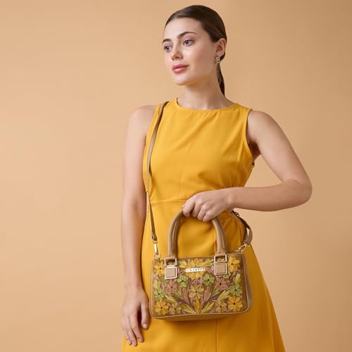 Caprese Siji Tresna Medium Satchel Bag for Women with Adjustable & Detachable Strap | Kashida Embroidery Shoulder Bag | Crossbody & Handheld Bag for Work, Travel, and Everyday Use (Brown)