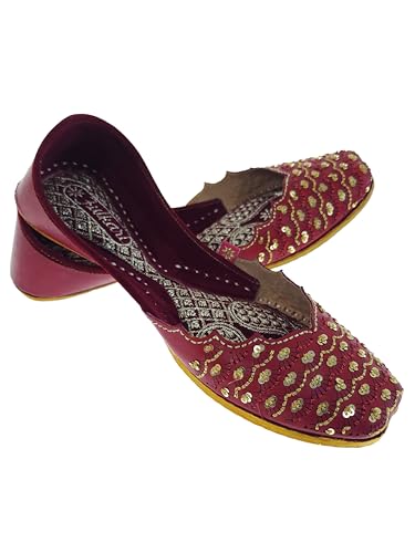 Fulkari Women Red SeaSand Gold Casual Genuine Soft Leather Jutis | Bite and Pinch Free Juttis | Punjabi Jutti | Girl's Office Flat Ladies Mojari | dailywear Ethnic Juti | 39