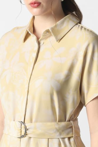 Women Yellow Print Calf-Length Formal Dress