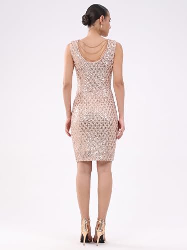 Global Republic Poly Spandex Sequinced Boat Neck Knee Length Dress for Women (461, Champagne, L/XL)