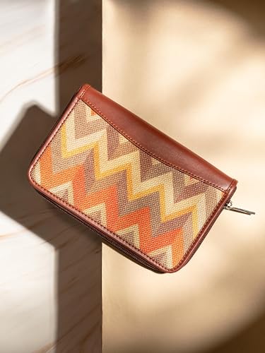 ZOUK Wallets for Women - Handmade Wallets for Females - Vegan Leather and Jute Purse for Ladies - Clutch with Indian Print - Wallets for Mobile Phones - Tidal Wave Print
