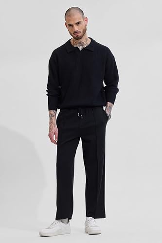 SNITCH Men's Sweater | Relaxed Fit Textured Knit Design | Viscose Blend Fabric with Polo Collar & Full Sleeves | Pullover Style for Casual & Streetwear Occasions |Black