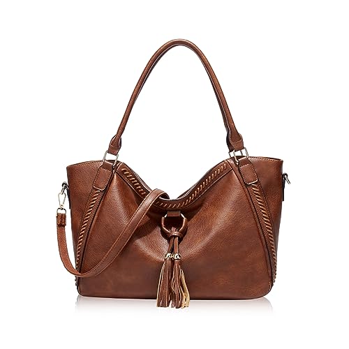 PALAY Tote Bags For Women Handbag Large Capacity Retro Vintage Tote With Shoulder Strap Tassel Decor Handbag For Lady Soft Pu Leather Tote Bag Classic Solid Color Shoulder Crossbody Bags,Brown