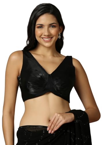 Salwar Studio Women's Black Ruched Saree Blouse-RI-0030-BLCK-40